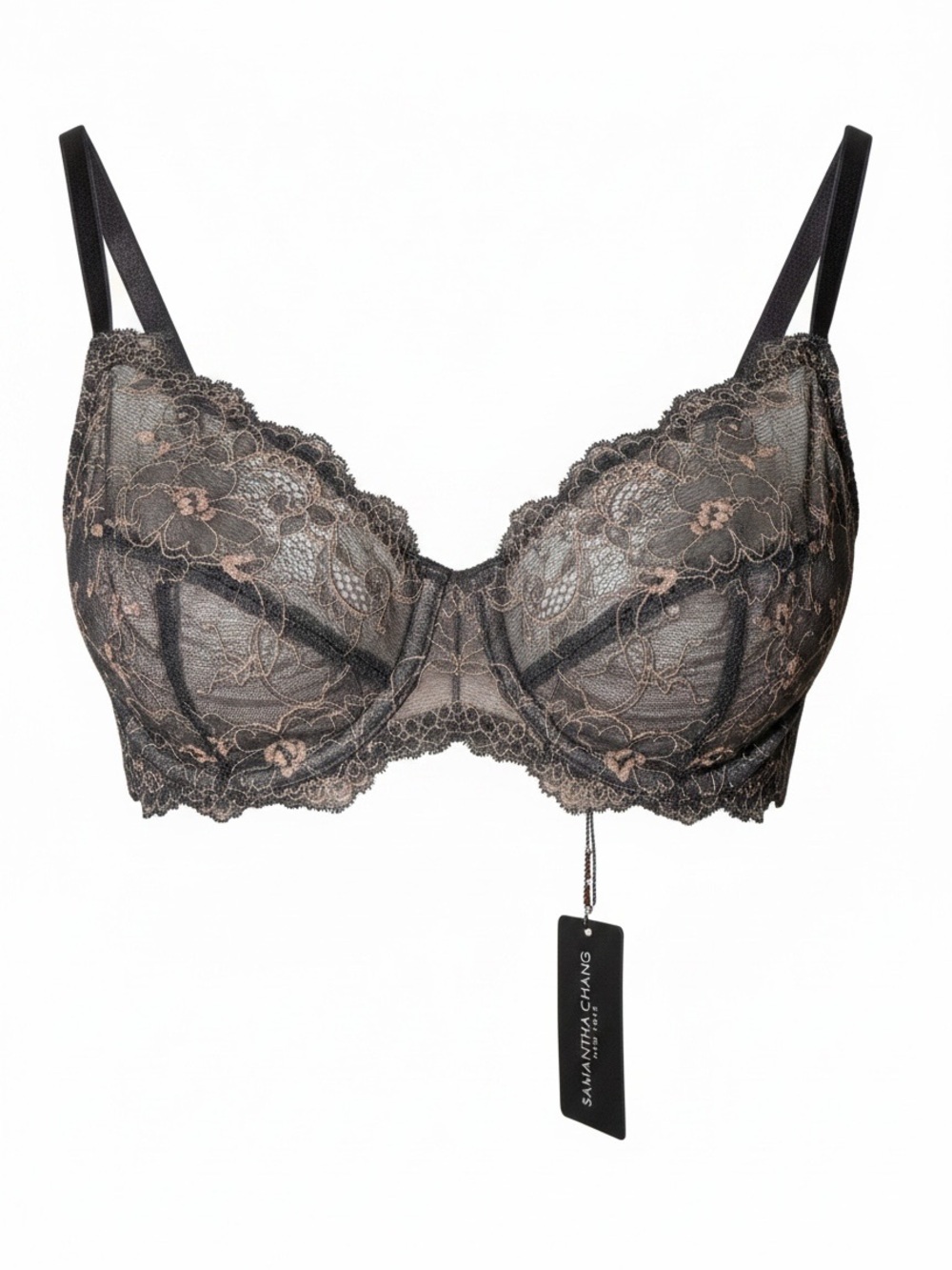 Samantha Chang Charcoal Lace Underwire Bra with Blush Embroidery